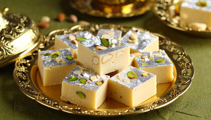 Traditional Indian Kaju Barfi sweets neatly arranged in a brass tray, topped with edible silver leaf and garnished with pistachios, surrounded by cashew nuts for festive stock use.