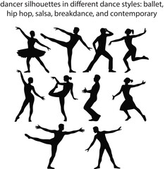 Dancer Silhouette Set – Ballet, Hip Hop, Breakdance and More – Vector on White Background

