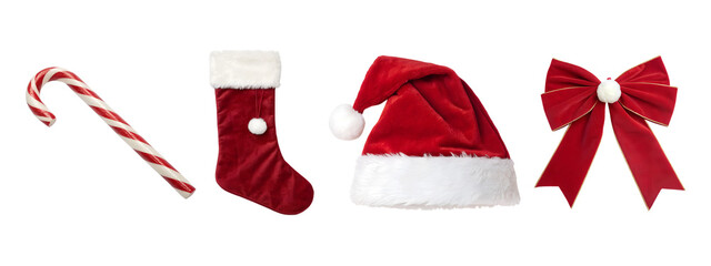 Set of Christmas Decorations Including Candy Cane, Stocking, Santa Hat, and Red Bow isolated on White Transparent Background