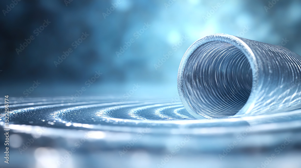 Poster Close-up of a metallic pipe with water rippling around it, showcasing fluid dynamics and reflections in an artistic light.