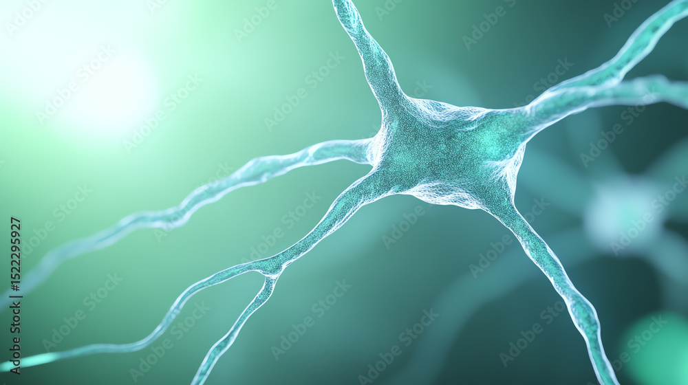 Poster Close-up view of a neuron with intricate details showcasing its structure and connections, ideal for illustrating neuroscience concepts.