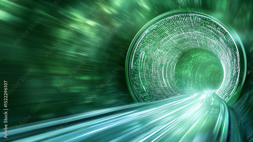 Poster futuristic tunnel illuminated with vibrant green light, symbolizing speed and exploration in digital
