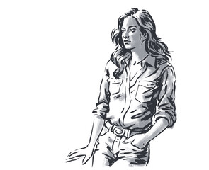 young woman in jeans posing digital art for card decoration illustration