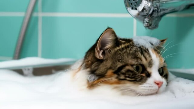 Cat bath soap water fur bubbles sink domestic pet clean wet whisker tabby calico animal hygiene foam grooming cute feline home bathroom tile relaxation care washing adorable mammal playful