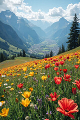 Fototapeta premium Stunning flower fields in Swiss Highlands with magical atmosphere and colorful blooms.