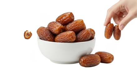 Isolated Dates in White Bowl and Hand Offering Healthy Snack on Transparent