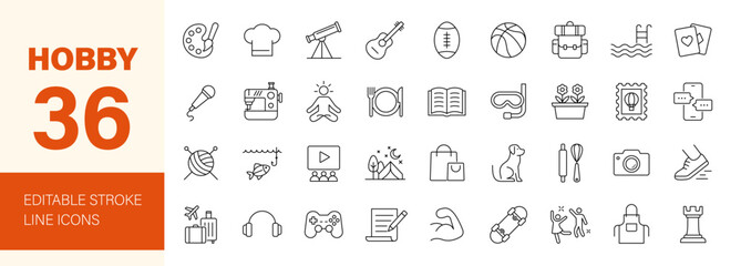 Hobby icon set. Containing painting, photography, sports, traveling, sewing, yoga, dancing, cooking, fishing, diving, reading, chess, astronomy and more. Editable line icons. Vector illustration.