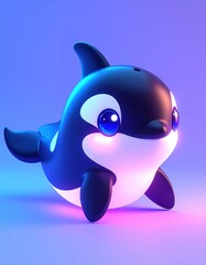 3D rendered baby orca cartoon with big eyes and glowing neon lights, ideal for children's media, games, and design use.