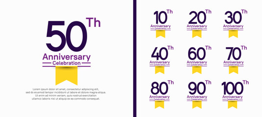 set of anniversary logo style with yellow ribbon. vector design blue color for celebration