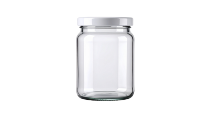 Clear Glass Jar with Silver Metal Lid Standing on White Background Ideal for Storage, Crafts, or Home Organization
