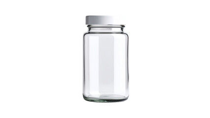 Clear Glass Jar with Silver Metal Lid Standing on White Background Ideal for Storage, Crafts, or Home Organization