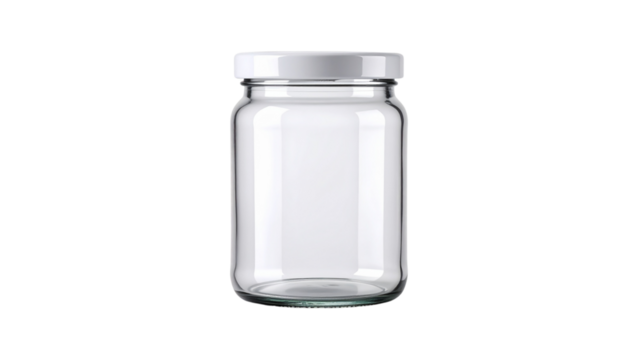Clear Glass Jar with Silver Metal Lid Standing on White Background Ideal for Storage, Crafts, or Home Organization