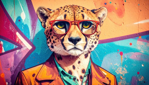 Colorful graffiti mural of a cheetah wearing glasses and a suit jacket, blending urban style with vibrant artistic expression.