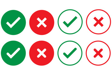 Set of tick mark in green and cross mark in red colour and stroke with white background, check and cross mark icon set. checkmark and x mark icon use for apps and website. checkmark, icon, vector.