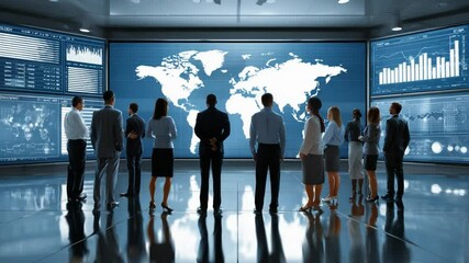 Global Business Strategy: A diverse team of business professionals stands before a large screen displaying a world map and data visualizations, symbolizing global business strategy and data analysis. - Powered by Adobe