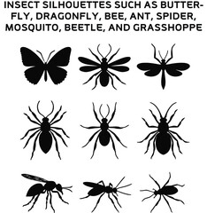 black insect silhouettes such as butterfly, dragonfly, bee, ant, spider, mosquito, beetle, and grasshopper