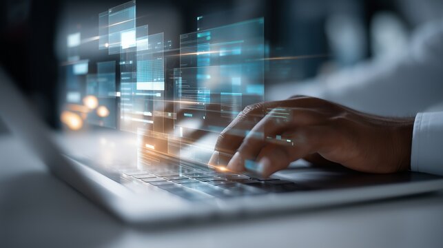 Futuristic Human-Computer Interaction with Holographic Interface and Digital Data Flow
