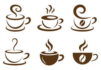 Set of brown coffee cup icons with steam and coffee beans