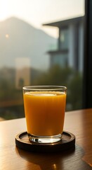 Glass of fresh orange juice on wooden coaster near window with mountain and building view