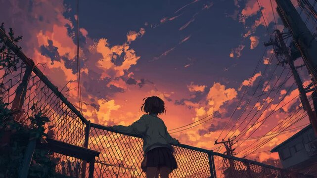 フェンスの向こうの夕焼けを見て風になびく少女