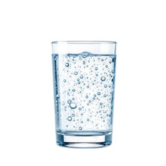 A clear glass filled with sparkling water and bubbles on a plain black background