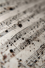 Blotted ink stains on sheet music paper with scattered splashes and old notes. Suitable for grunge or music-themed design.
