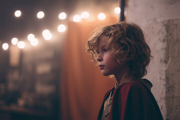 Curly-haired boy in theatrical costume stands backstage under warm lights. Space on left allows room for text overlay.