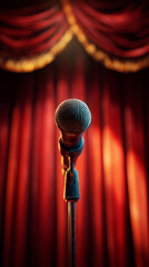 Close-up microphone in front of luxurious red curtains. Warm stage lights create inviting ambiance. Ideal for text or promo.