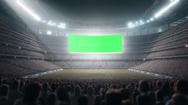 A large green screen scoreboard LED in stands of a crowded soccer arena stadium with light flashes for advertisement seamless looping animation background