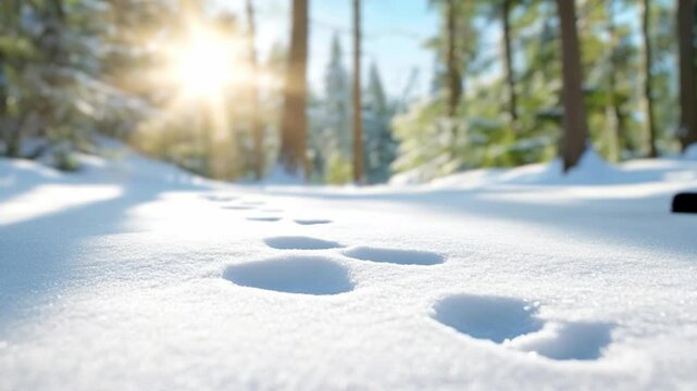 Footprints in the Winter Wonderland: A tranquil forest scene is illuminated by a radiant sun, with distinct footprints etched across a pristine snow-covered path.