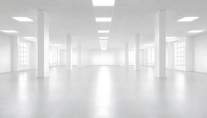 Obraz premium Empty, bright office space with white columns and windows.