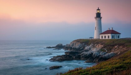 Naklejka premium Old Lighthouse in Foggy Morning Light – Calm and Mystical Coastal View