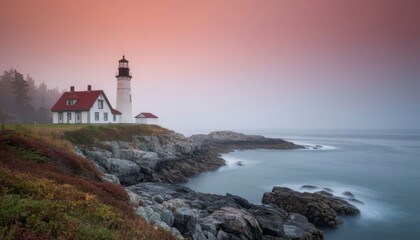 Old Lighthouse in Foggy Morning Light – Calm and Mystical Coastal View