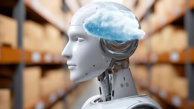 Artificial intelligence robot with digital cloud brain warehouse, symbolizing futuristic technology, innovation, and data storage industrial environment, as humanoid robot with digital cloud brain