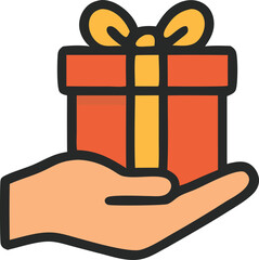 Hand holding a red gift box with yellow bow and ribbon