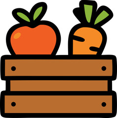 Illustration of apple and carrot in a wooden crate