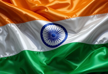 Close up shot of the indian flag with orange white and green colors and blue chakra