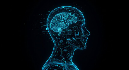 Human head with a glowing brain illustration with pcb line, chip, processor, etc, symbolizing intelligence and cognitive activity in v2