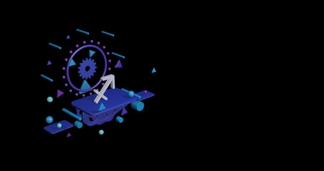 Obraz premium White zodiac sagittarius symbol on a pedestal of abstract geometric shapes floating in the air. Abstract concept art with flying shapes on the left. 3d illustration on black background