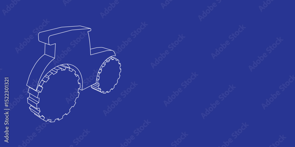 Poster the outline of a large tractor symbol made of white lines on the left. 3d view of the object in pers