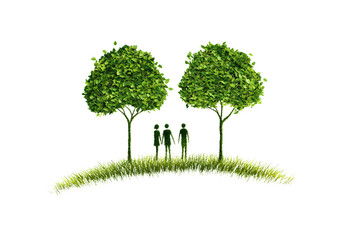  Two green trees and two people standing together on a white background, simple shapes made of grass, an icon for an eco-friendly family activities app