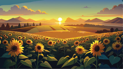 Fototapeta premium Sunflower field sunset landscape painting illustration art