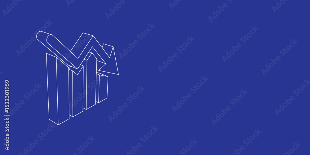 Poster the outline of a large chart down symbol made of white lines on the left. 3d view of the object in p