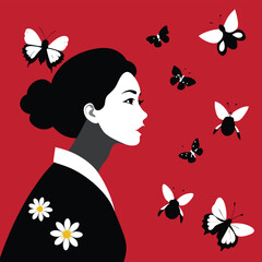 Woman in kimono with butterflies vector art illustration