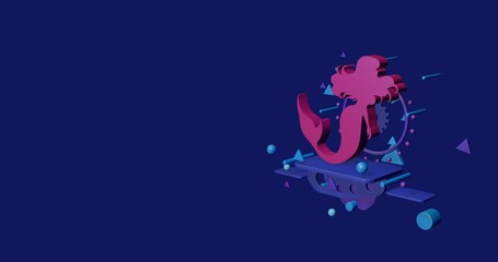 Pink mermaid symbol on a pedestal of abstract geometric shapes floating in the air. Abstract concept art with flying shapes on the right. 3d illustration on indigo background