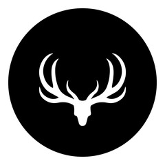 A deer horns symbol in the center. Isolated white symbol in black circle. Illustration on transparent background