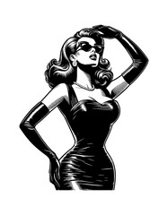 Elegant Woman in Black Dress and Sunglasses in Vintage Style Illustration