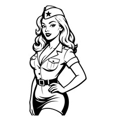 Attractive Caucasian Woman in Military Uniform with Confident Pose Black and White Vector