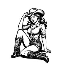 Obraz premium Pinup Cowgirl Sitting with Hat in Black and White Line Art Illustration