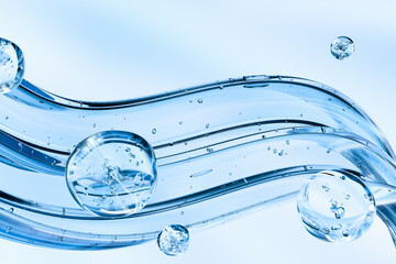 Transparent cosmetic gel texture with air bubbles in blue tones. Perfect for skincare, beauty...